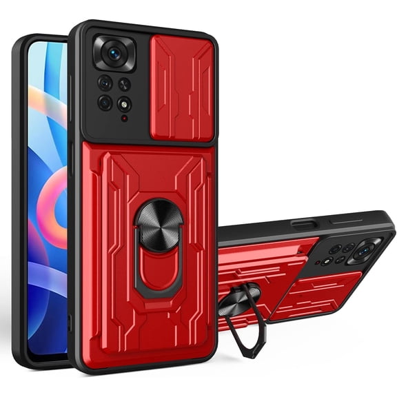Case for Xiaomi Redmi Note 11 Pro with Card Holder, Heavy Duty Protection Phone Case with Magnetic Ring Kickstand Slide Camera Cover for Xiaomi Redmi Note 11 Pro/Note 11 Pro+ LJK Red
