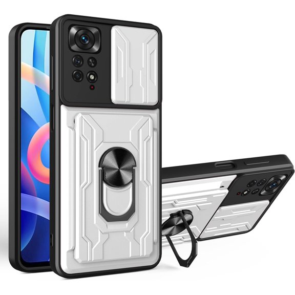 Case for Xiaomi Redmi Note 11 Pro with Card Holder, Heavy Duty Protection Phone Case with Magnetic Ring Kickstand Slide Camera Cover for Xiaomi Redmi Note 11 Pro/Note 11 Pro+ LJK Silver