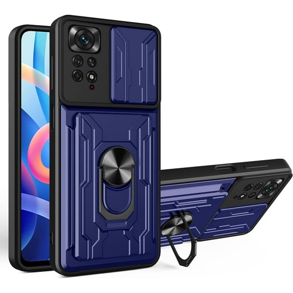 Case for Xiaomi Redmi Note 11 Pro with Card Holder, Heavy Duty Protection Phone Case with Magnetic Ring Kickstand Slide Camera Cover for Xiaomi Redmi Note 11 Pro/Note 11 Pro+ LJK Blue