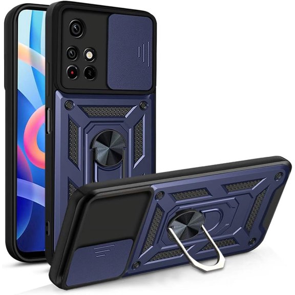 Case for Xiaomi Redmi Note 11 Pro with Slide Camera Cover, Military Grade Heavy Duty Protection Phone Case Cover with Magnetic Ring Kickstand for Mi Redmi Note 11 Pro+ SJ Blue