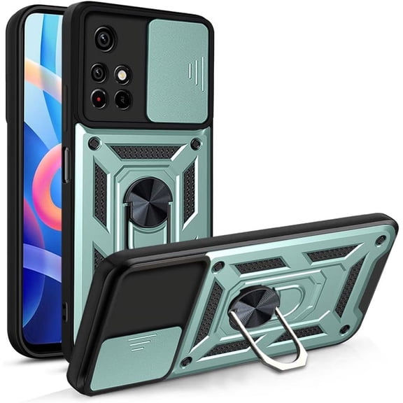 Case for Xiaomi Redmi Note 11 Pro with Slide Camera Cover, Military Grade Heavy Duty Protection Phone Case Cover with Magnetic Ring Kickstand for Mi Redmi Note 11 Pro+ SJ Green