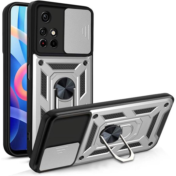 Case for Xiaomi Redmi Note 11 Pro with Slide Camera Cover, Military Grade Heavy Duty Protection Phone Case Cover with Magnetic Ring Kickstand for Mi Redmi Note 11 Pro+ SJ Silver