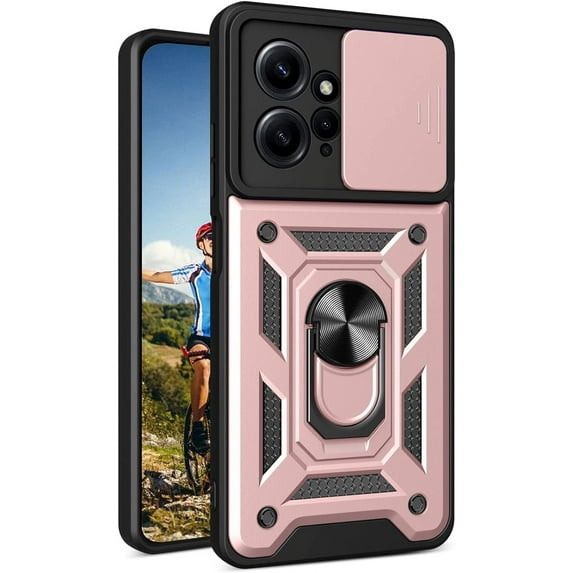 Case for Xiaomi Redmi Note 12 4G with Slide Camera Cover, Military Grade Drop Protective Phone Cover Case with Ring Kickstand for Xiaomi Redmi Note 12 4G SJ Rose Gold