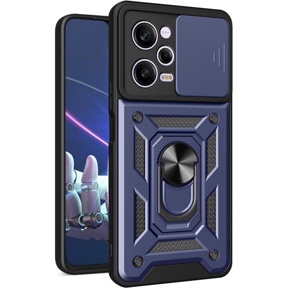 Case for Xiaomi Redmi Note 12 Pro+ with Slide Camera Cover, Military Grade Drop Protective Phone Cover Case with Ring Kickstand for Xiaomi Redmi Note 12 Pro Plus SJ Blue