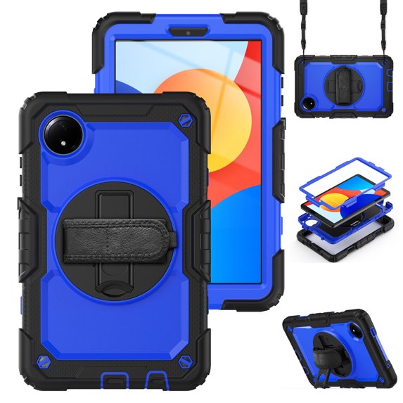 Case for Xiaomi Redmi Pad SE 8.7 inch 2024 with Screen Protector, 360 Degree Rotating Kickstand Hand Strap Heavy Duty Shockproof Cover with Shoulder Strap, Dark Blue PC