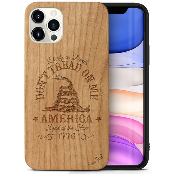 Case Yard Wooden Case Outside Soft TPU Silicone Slim Fit Shockproof Wood Phone Cover for Girls Boys Men and Women Supports Wireless Charging Don't Tread On Me Design case for iPhone-12-Pro-Max