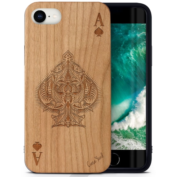 Case Yard Wooden Case Outside Soft TPU Silicone, Slim Fit Shockproof Wood Protective Phone Cover for Girls Boys Men and Women, Supports Wireless Charging Ace of Spade Design case for iPhone-SE