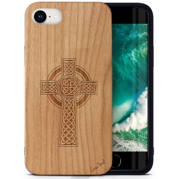 Case Yard Wooden Case Outside Soft TPU Silicone, Slim Fit Shockproof Wood Protective Phone Cover for Girls Boys Men and Women, Supports Wireless Charging Cross 3 Design case for iPhone-SE
