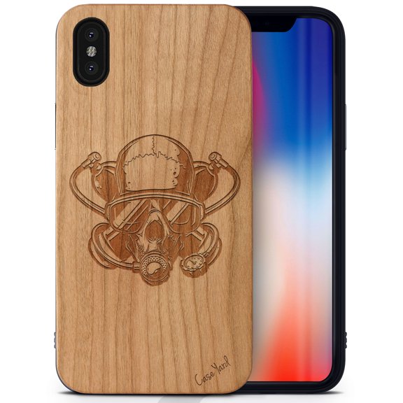 Case Yard Wooden Case Outside Soft TPU Silicone, Slim Fit Shockproof Wood Protective Phone Cover for Girls Boys Men and Women, Supports Wireless Charging Diver Skull Design case for iPhone-X