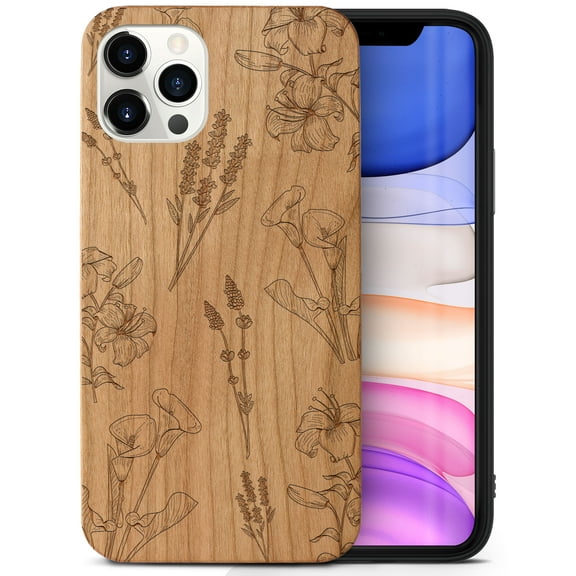 Case Yard Wooden Case Outside Soft TPU Silicone, Slim Fit Shockproof Wood Protective Phone Cover for Girls Boys Men and Women, Supports Wireless Charging Flowers X Design case for iPhone-12-Pro-Max