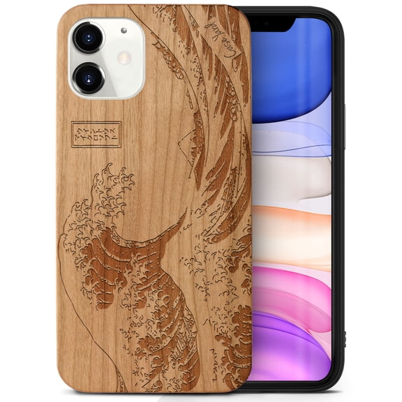 Case Yard Wooden Case Outside Soft TPU Silicone, Slim Fit Shockproof Wood Protective Phone Cover for Girls Boys Men and Women, Supports Wireless Charging Great Wave Design case for iPhone-11