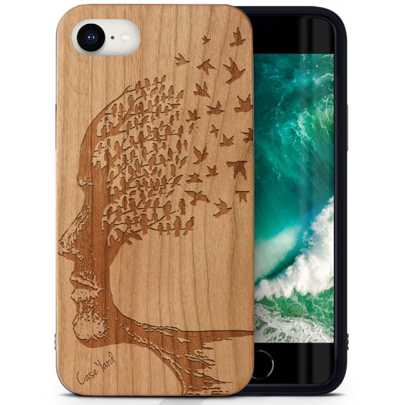 Case Yard Wooden Case Outside Soft TPU Silicone Slim Fit Shockproof Wood Protective Phone Cover for Girls Boys Men and Women Supports Wireless Charging Head with Flying Birds Design case for iPhone-SE