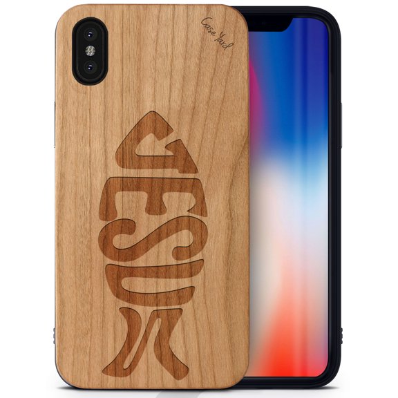Case Yard Wooden Case Outside Soft TPU Silicone, Slim Fit Shockproof Wood Protective Phone Cover for Girls Boys Men and Women, Supports Wireless Charging Jesus Fish Design case for iPhone-X