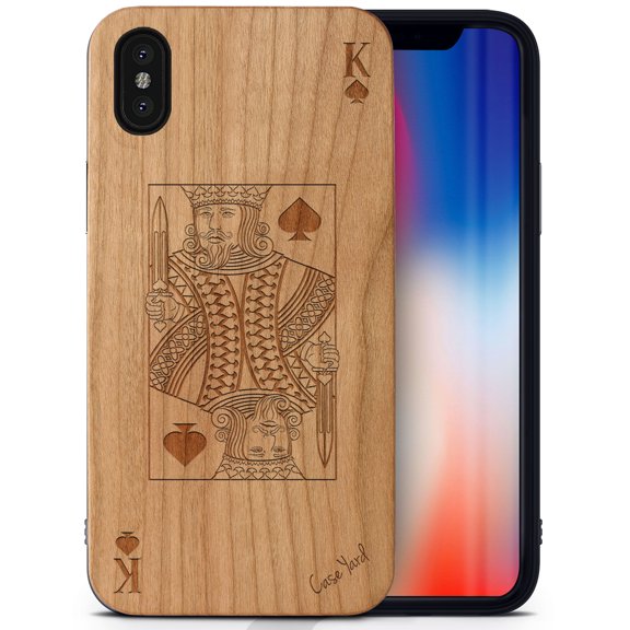 Case Yard Wooden Case Outside Soft TPU Silicone, Slim Fit Shockproof Wood Protective Phone Cover for Girls Boys Men and Women, Supports Wireless Charging King of Spade Design case for iPhone-X