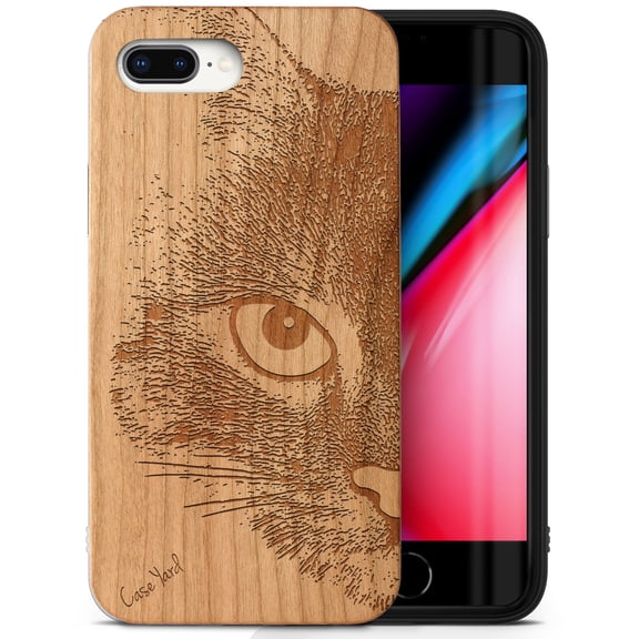 Case Yard Wooden Case Outside Soft TPU Silicone, Slim Fit Shockproof Wood Protective Phone Cover for Girls Boys Men and Women, Supports Wireless Charging Mad Cat Design case for iPhone-8-Plus