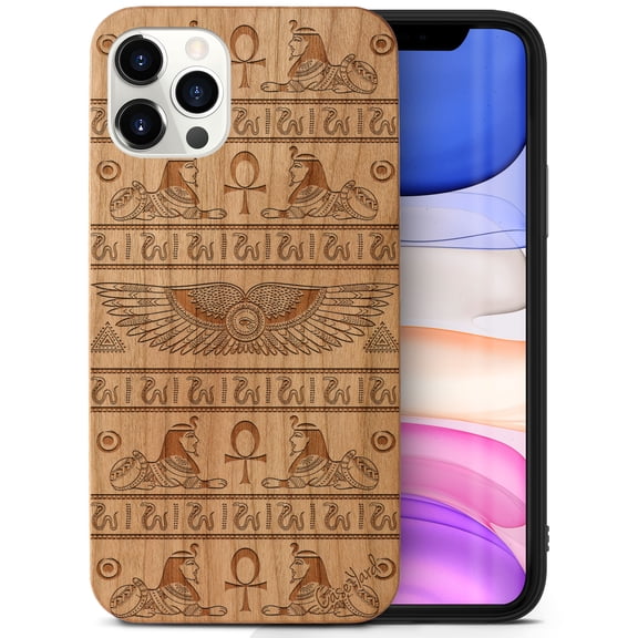 Case Yard Wooden Case Outside Soft TPU Silicone, Slim Fit Shockproof Wood Protective Phone Cover for Girls Boys Men and Women, Supports Wireless Charging Pharaoh Pattern Design case for iPhone-11-Pro