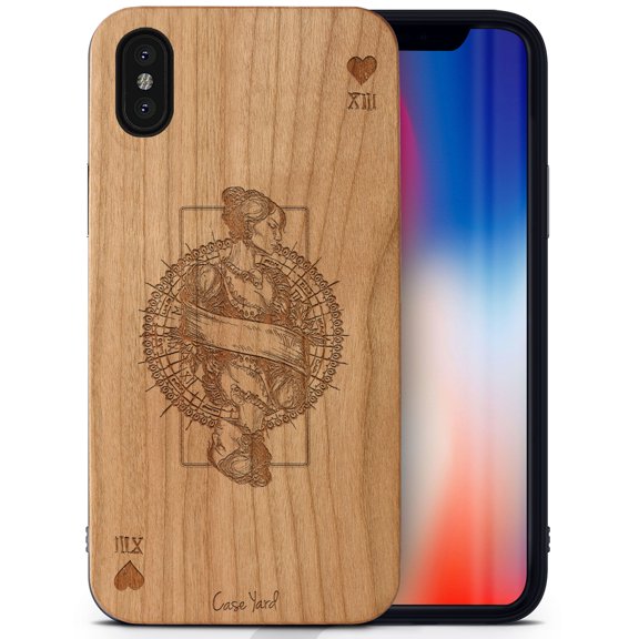 Case Yard Wooden Case Outside Soft TPU Silicone, Slim Fit Shockproof Wood Protective Phone Cover for Girls Boys Men and Women, Supports Wireless Charging Queen of Hearts Design case for iPhone-XS-Max