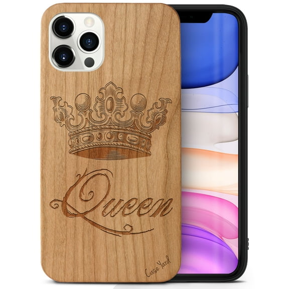Case Yard Wooden Case Outside Soft TPU Silicone, Slim Fit Shockproof Wood Protective Phone Cover for Girls Boys Men and Women, Supports Wireless Charging Queen Crown Design case for iPhone-12-Pro-Max