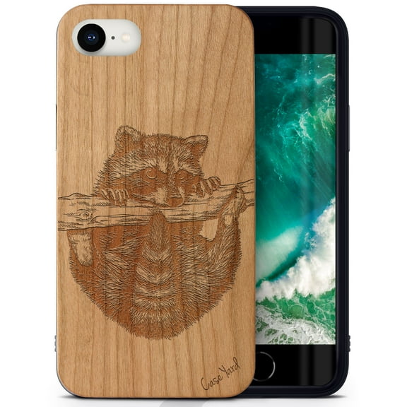 Case Yard Wooden Case Outside Soft TPU Silicone, Slim Fit Shockproof Wood Protective Phone Cover for Girls Boys Men and Women, Supports Wireless Charging Raccoon Design case for iPhone-SE