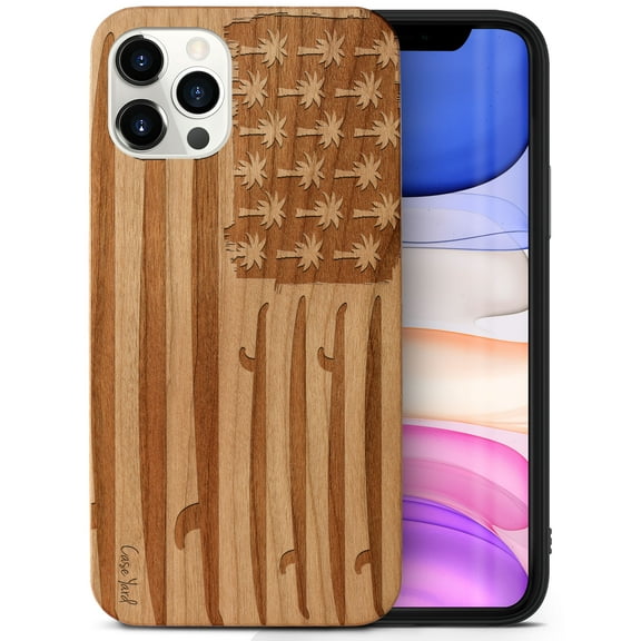 Case Yard Wooden Case Outside Soft TPU Silicone, Slim Fit Shockproof Wood Protective Phone Cover for Girls Boys Men and Women, Supports Wireless Charging Surfing Flag Design case for iPhone-12/12-Pro