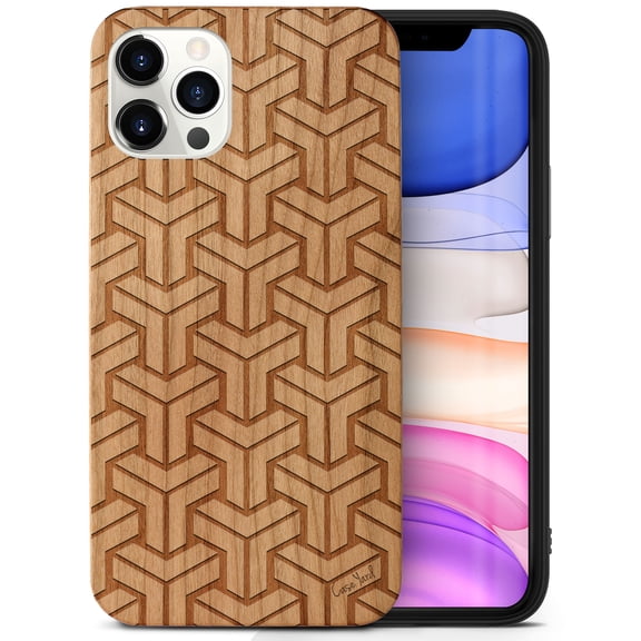 Case Yard Wooden Case Outside Soft TPU Silicone, Slim Fit Shockproof Wood Protective Phone Cover for Girls Boys Men and Women, Supports Wireless Charging T pattern Design case for iPhone-12/12-Pro