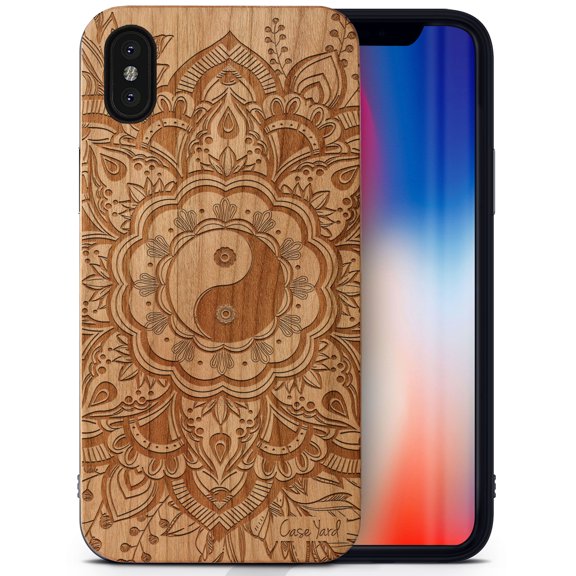 Case Yard Wooden Case Outside Soft TPU Silicone, Slim Fit Shockproof Wood Protective Phone Cover for Girls Boys Men and Women, Supports Wireless Charging Tao Mandala Design case for iPhone-XS-Max