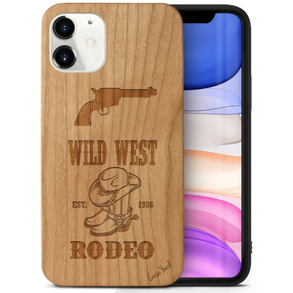 Case Yard Wooden Case Outside Soft TPU Silicone, Slim Fit Shockproof Wood Protective Phone Cover for Girls Boys Men and Women, Supports Wireless Charging Wild West Rodeo Design case for iPhone-11