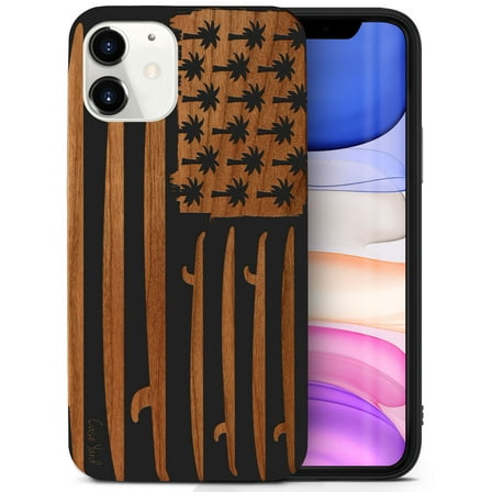 Case Yard Wooden Case for iPhone-11 Soft TPU Silicone cover Slim Fit Shockproof Wood Protective Phone Cover for Girls Boys Men and Women Supports Wireless Charging Surfing Flag Design