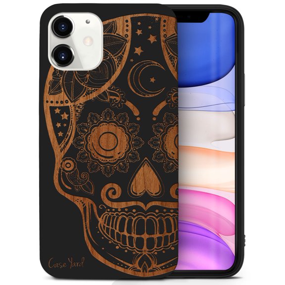 Case Yard Wooden Case for iPhone-11 Soft TPU Silicone cover Slim Fit Shockproof Wood Protective Phone Cover for Girls Boys Men and Women Supports Wireless Charging Gothic Skull Design