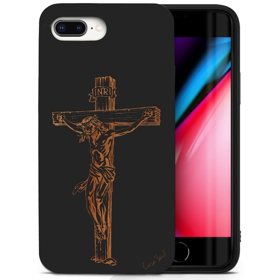 Case Yard Wooden Case for iPhone-8-Plus Soft TPU Silicone cover Slim Fit Shockproof Wood Protective Phone Cover for Girls Boys Men and Women Supports Wireless Charging Jesus Cross Design
