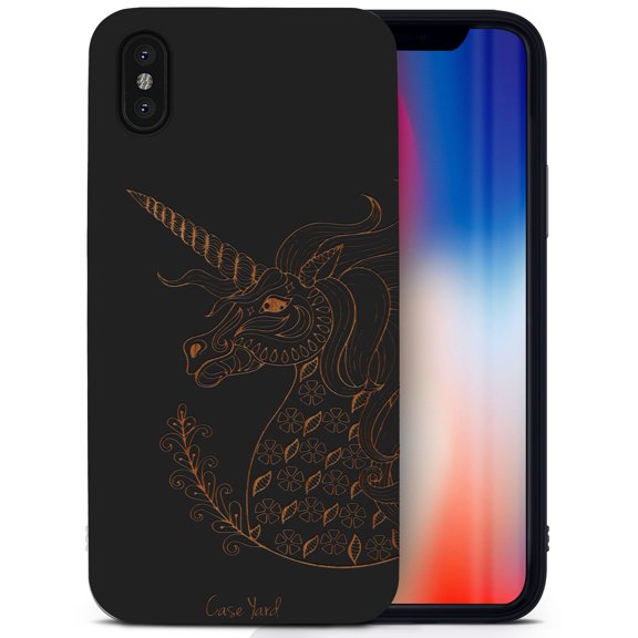 Case Yard Wooden Case for iPhone-X Soft TPU Silicone cover Slim Fit Shockproof Wood Protective Phone Cover for Girls Boys Men and Women Supports Wireless Charging Unicorn Design