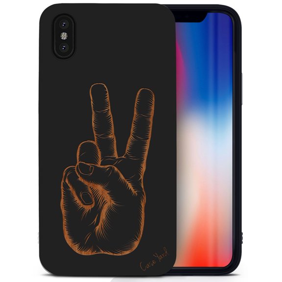 Case Yard Wooden Case for iPhone-X Soft TPU Silicone cover Slim Fit Shockproof Wood Protective Phone Cover for Girls Boys Men and Women Supports Wireless Charging Peace Hand Sign Design