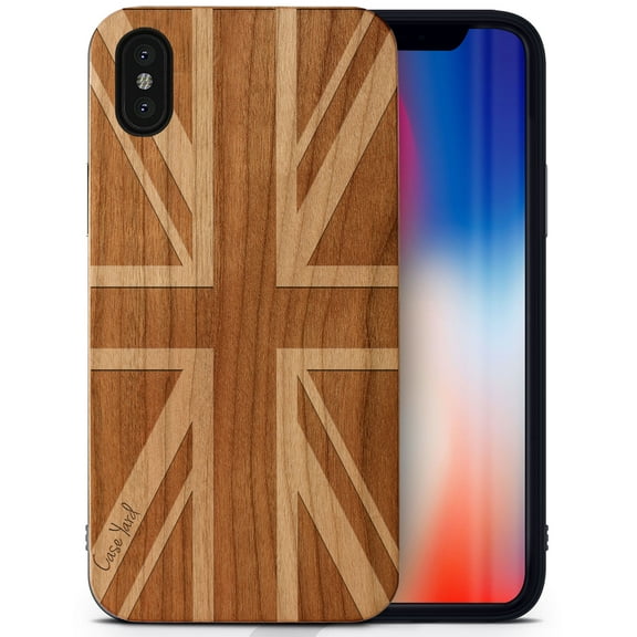 Case Yard Wooden Case Outside Soft TPU Silicone, Slim Fit Shockproof Wood Protective Phone Cover for Girls Boys Men and Women, Supports Wireless Charging Union Jack Design case for iPhone-XS-Max