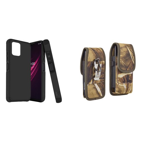 Case and Pouch Bundle for REVVL 6 5G: Dual Layer Slim Case (Black) and Vertical Rugged Nylon Belt Holster (Camo)