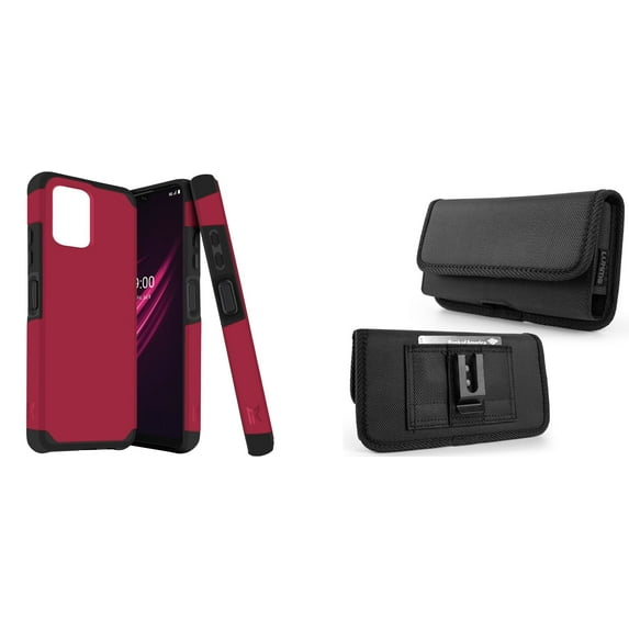 Case and Pouch Bundle for REVVL 6 5G: Dual Layer Slim Case (Magenta Pink) and Horizontal Rugged Nylon Belt Holster