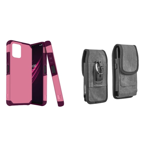 Case and Pouch Bundle for REVVL 6 5G: Dual Layer Slim Case (Pink Wine) and Vertical Rugged Denim Nylon Belt Holster