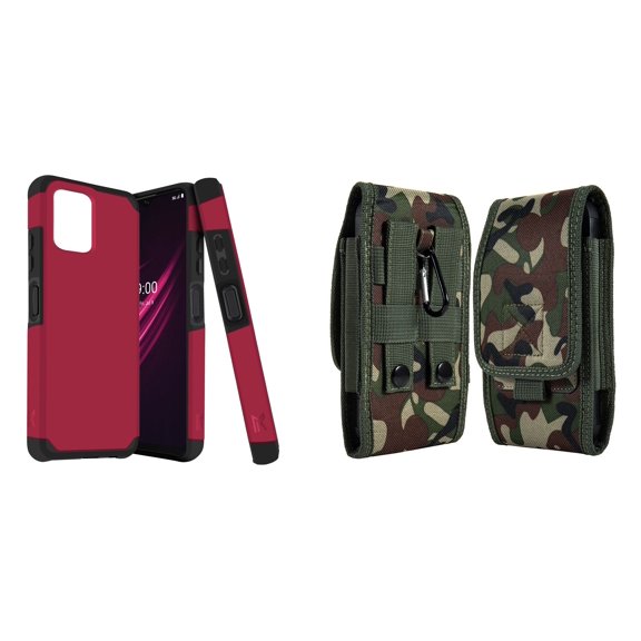 Case and Pouch Bundle for REVVL 6 Pro 5G: Dual Layer Slim Case (Magenta Pink) and Vertical Rugged Nylon Belt Holster (Green Camo)