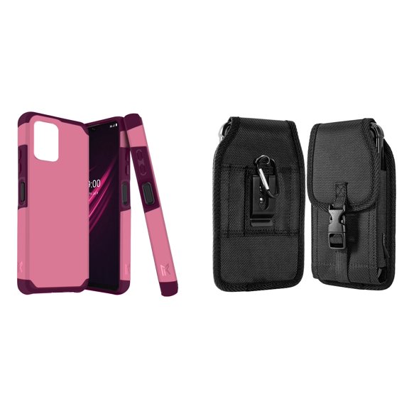 Case and Pouch Bundle for REVVL 6 Pro 5G: Dual Layer Slim Case (Pink Wine) and Vertical Nylon Buckle Belt Holster