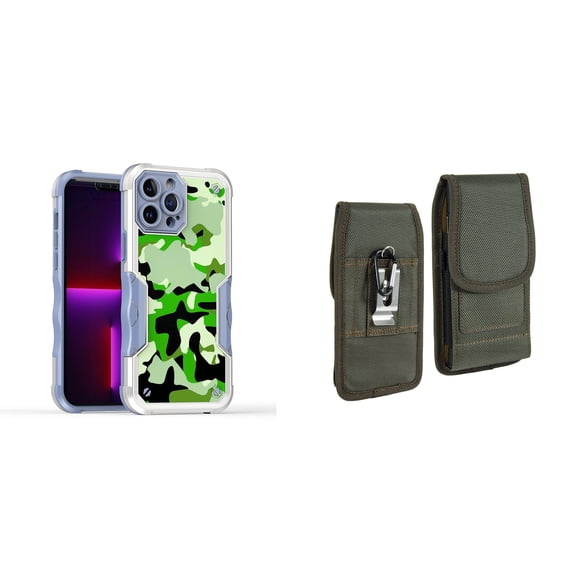 Case and Pouch Bundle for iPhone 14: Heavy Duty Armor Rugged Case (Army Green Camo) and Vertical Rugged Nylon Belt Holster (Midnight Green)