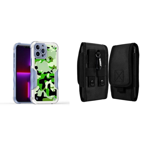 Case and Pouch Bundle for iPhone 14: Heavy Duty Armor Rugged Case (Army Green Camo) and Vertical Rugged Nylon Belt Holster