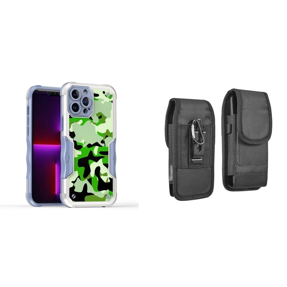 Case and Pouch Bundle for iPhone 14: Heavy Duty Armor Rugged Case (Army Green Camo) and Vertical Rugged Nylon Belt Holster