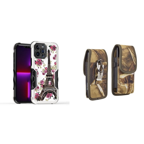 Case and Pouch Bundle for iPhone 14: Heavy Duty Armor Rugged Case (Eiffel Tower Flowers) and Vertical Rugged Nylon Belt Holster (Camo)