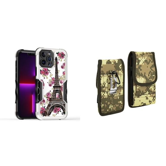 Case and Pouch Bundle for iPhone 14: Heavy Duty Armor Rugged Case (Eiffel Tower Flowers) and Vertical Rugged Nylon Belt Holster (Digital Camo)