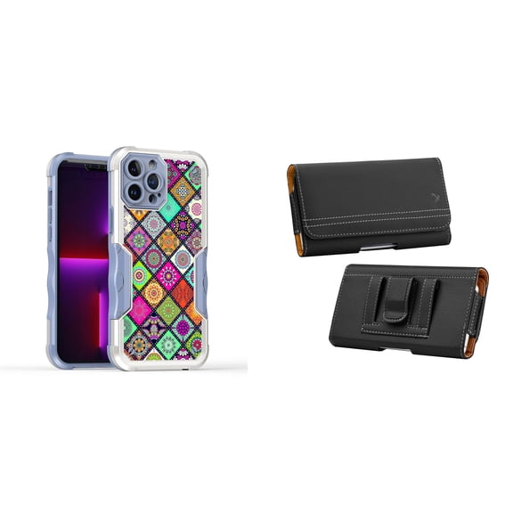 Case and Pouch Bundle for iPhone 14: Heavy Duty Armor Rugged Case (Mediterranean Tile Pattern) and PU Leather Magnetic Belt Holster