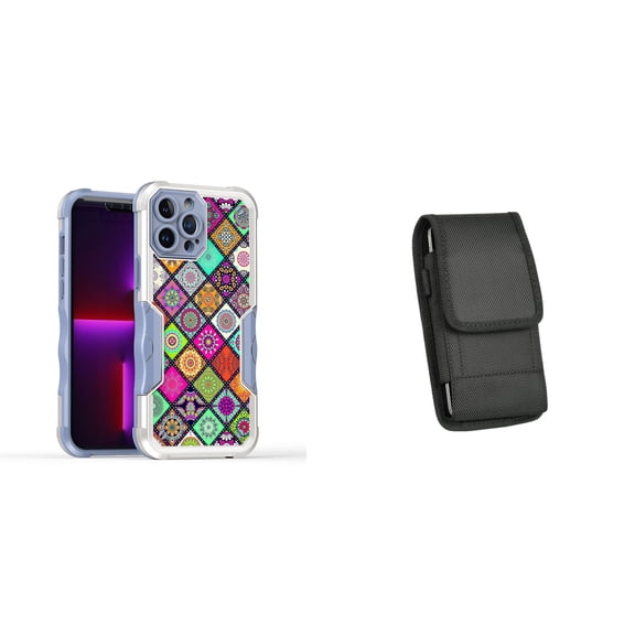 Case and Pouch Bundle for iPhone 14: Heavy Duty Armor Rugged Case (Mediterranean Tile Pattern) and Vertical Nylon Belt Holster