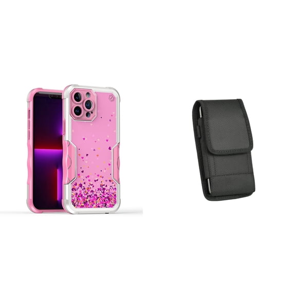 Case and Pouch Bundle for iPhone 14: Heavy Duty Armor Rugged Case (Pink Floating Hearts) and Vertical Nylon Belt Holster