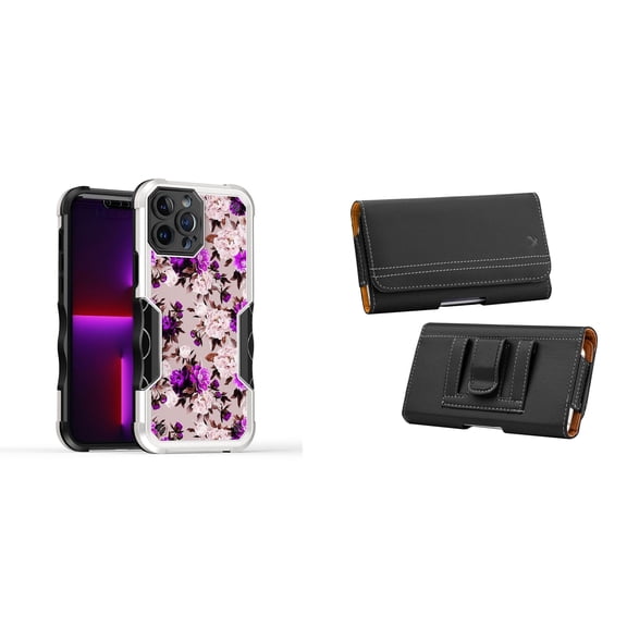 Case and Pouch Bundle for iPhone 14: Heavy Duty Armor Rugged Case (Purple Pink Flowers) and PU Leather Magnetic Belt Holster