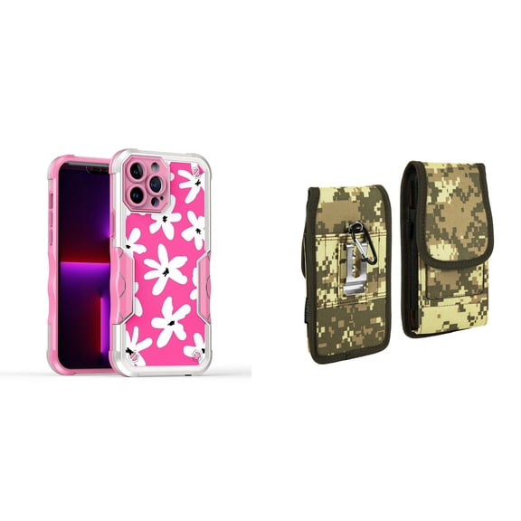 Case and Pouch Bundle for iPhone 14: Heavy Duty Armor Rugged Case (White Flowers on Pink) and Vertical Rugged Nylon Belt Holster (Digital Camo)