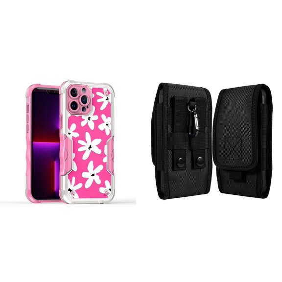 Case and Pouch Bundle for iPhone 14: Heavy Duty Armor Rugged Case (White Flowers on Pink) and Vertical Rugged Nylon Belt Holster