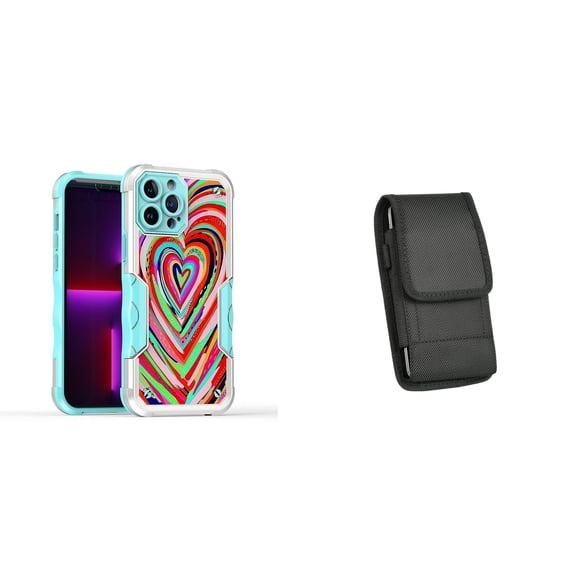 Case and Pouch Bundle for iPhone 14 Plus: Heavy Duty Armor Rugged Case (Abstract Love Hearts) and Vertical Nylon Belt Holster